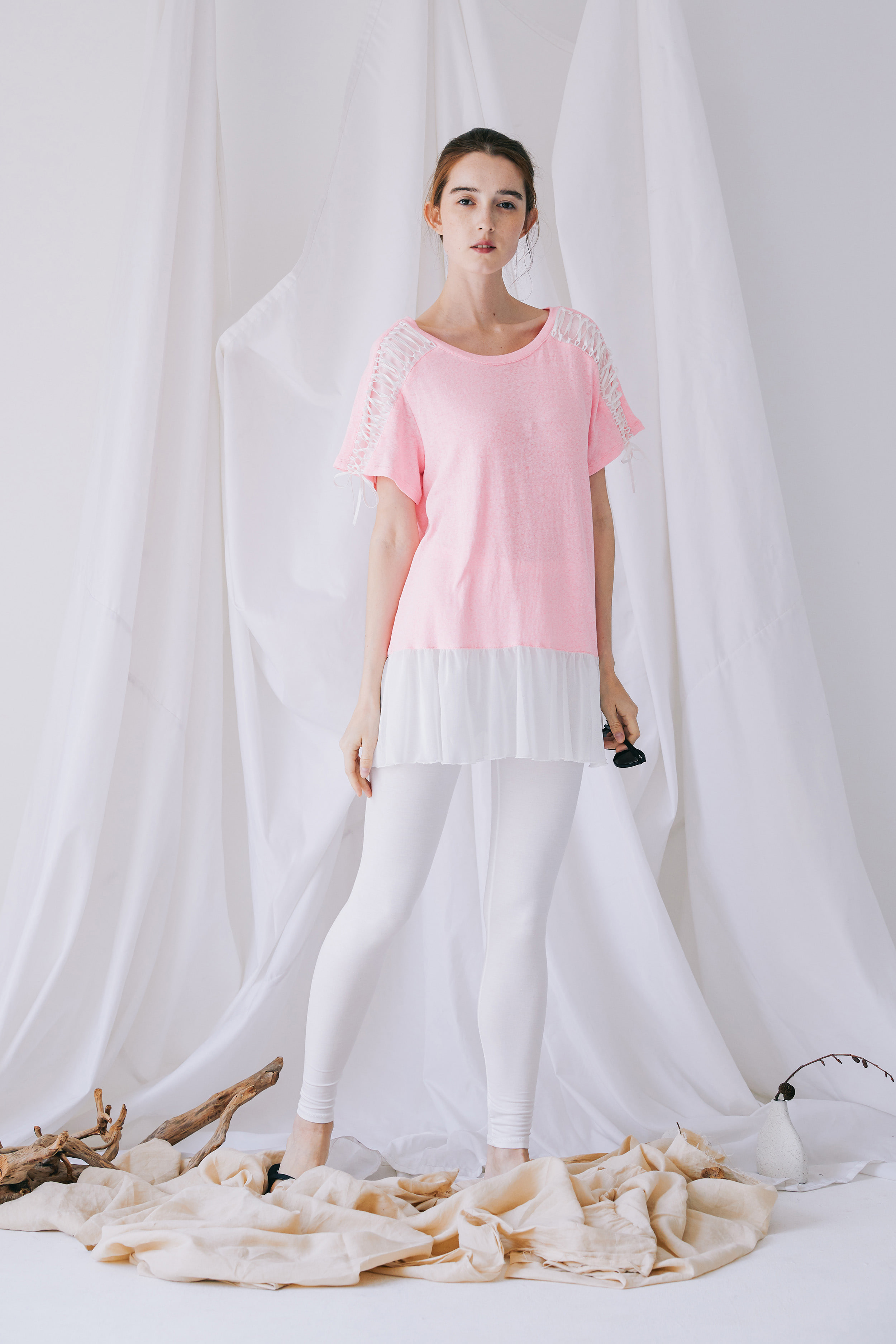 소매 리본네트 티셔츠(핑크)